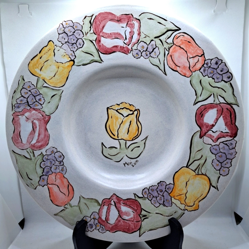 Vtg Art Pottery Large Floral Design Round Platter / Bowl Artist Signed MEW 2000